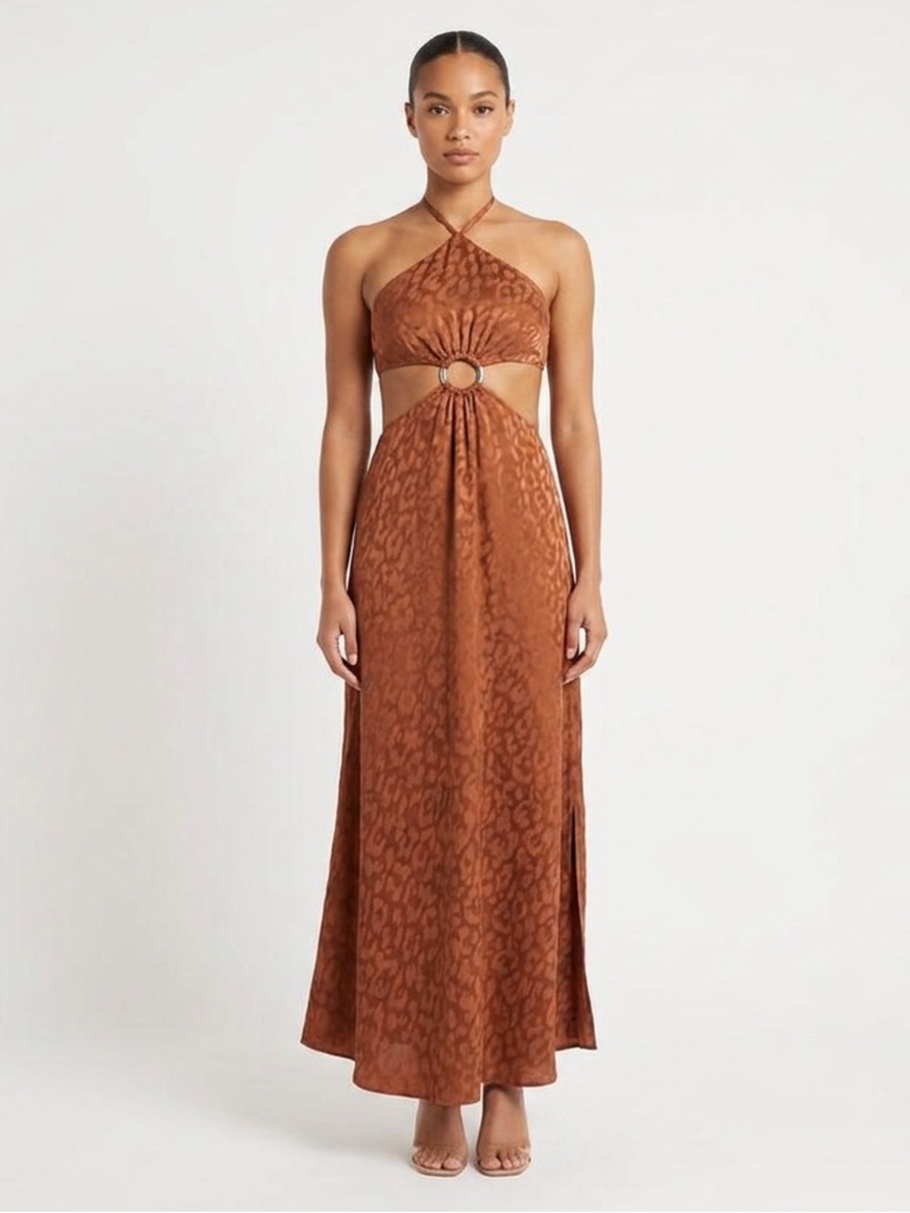 NWT | Rumer | Kenya Cut-out O-Ring Maxi Animal Print Dress | Brown | Small